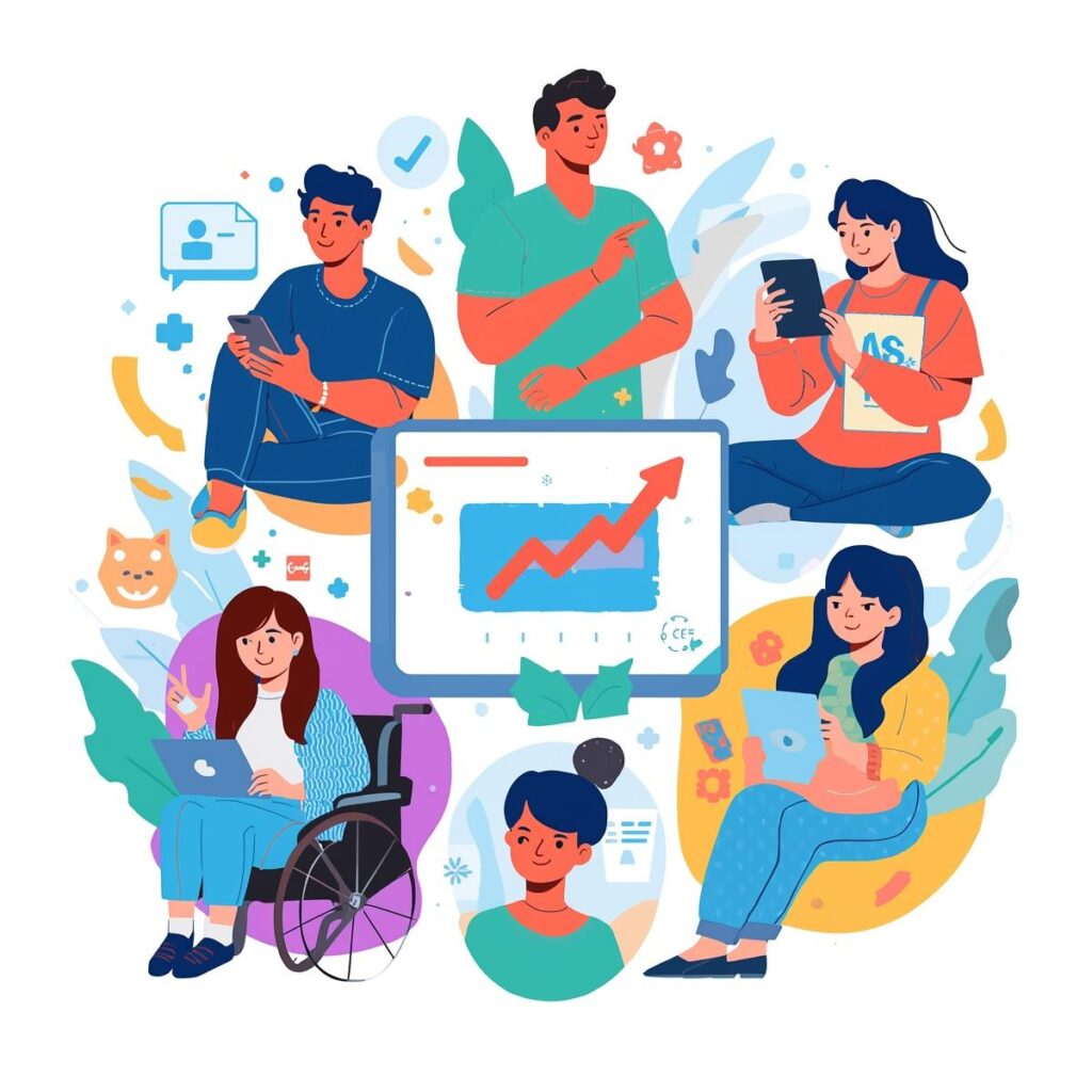 Illustrazione di un gruppo di persone diverse che utilizzano dispositivi digitali come laptop, tablet e smartphone. Al centro c’è uno schermo con un grafico in crescita. Tra i personaggi, una donna in sedia a rotelle lavora al computer, simbolo di inclusione e accessibilità digitale. L’immagine usa colori vivaci e trasmette collaborazione e partecipazione online senza barriere.
