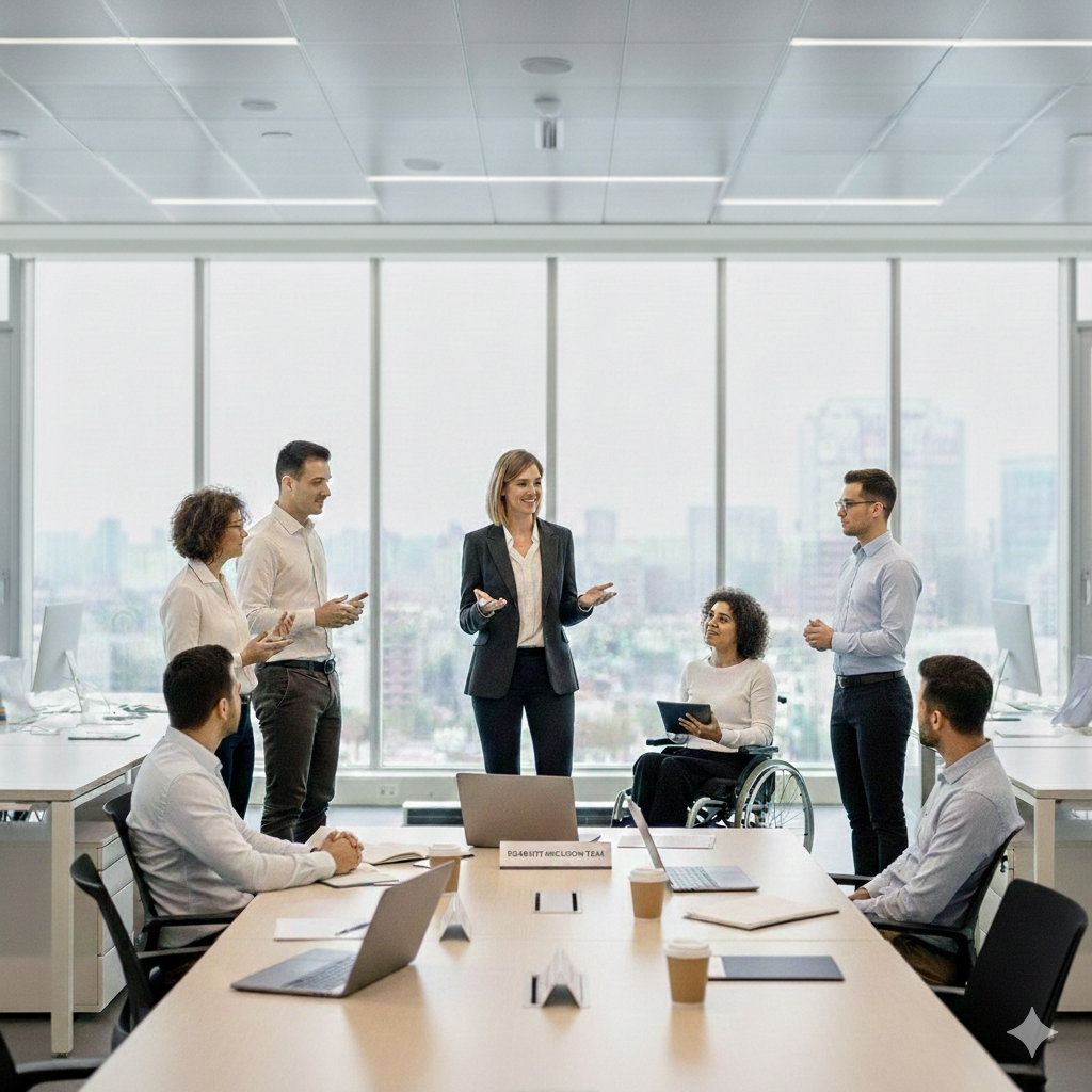 Un gruppo di professionisti riuniti in una sala riunioni moderna e luminosa, con grandi finestre panoramiche sulla citt&agrave;. Una donna in piedi al centro sta parlando e gesticolando, mentre i colleghi &ndash; uomini e donne seduti attorno al tavolo con laptop e taccuini &ndash; ascoltano attentamente. Tra loro c&rsquo;&egrave; anche una donna in sedia a rotelle con un tablet. L&rsquo;atmosfera &egrave; collaborativa e orientata al confronto.