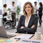 Donna professionista seduta alla scrivania in un ufficio moderno e luminoso, con targa &ldquo;Disability Manager&rdquo; in primo piano. Indossa un completo grigio e sorride con le braccia incrociate davanti a un laptop e alcuni documenti. Sullo sfondo, leggermente sfocati, colleghi collaborano: una persona &egrave; in sedia a rotelle e un&rsquo;altra utilizza un bastone bianco, a rappresentare un ambiente di lavoro inclusivo.