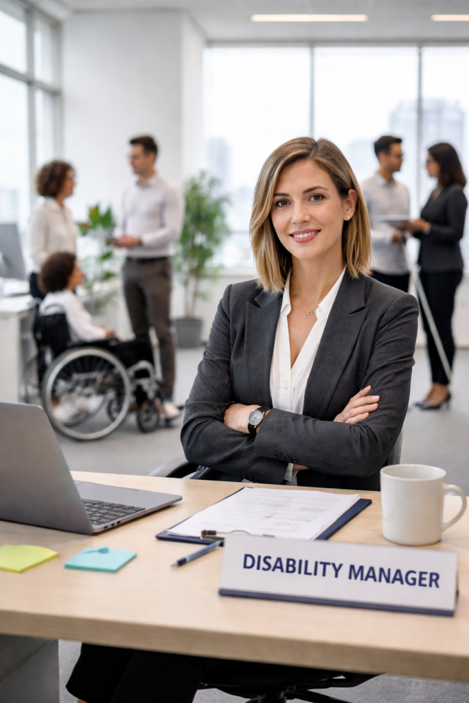 Donna professionista seduta alla scrivania in un ufficio moderno e luminoso, con targa &ldquo;Disability Manager&rdquo; in primo piano. Indossa un completo grigio e sorride con le braccia incrociate davanti a un laptop e alcuni documenti. Sullo sfondo, leggermente sfocati, colleghi collaborano: una persona &egrave; in sedia a rotelle e un&rsquo;altra utilizza un bastone bianco, a rappresentare un ambiente di lavoro inclusivo.