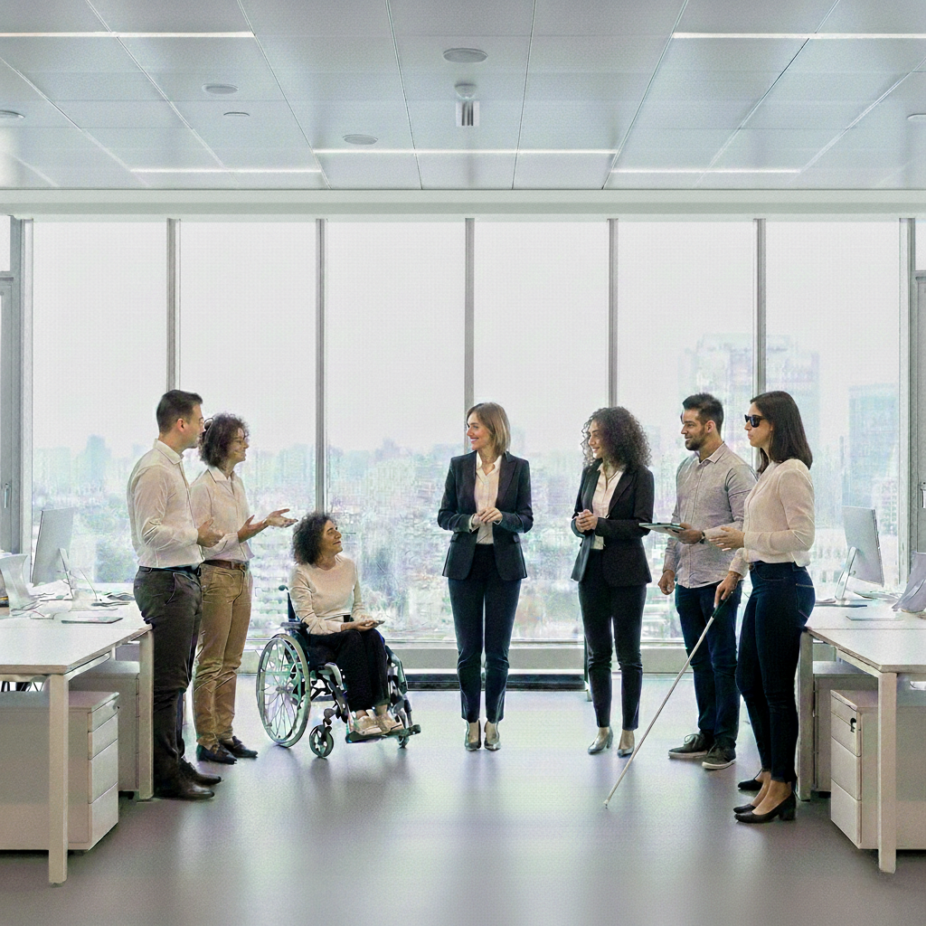 Ufficio moderno e luminoso con grandi finestre affacciate sulla citt&agrave;. Sei professionisti discutono in cerchio: una donna in sedia a rotelle &egrave; seduta al centro del gruppo, mentre un uomo tiene un bastone bianco per non vedenti. Gli altri colleghi, in abbigliamento formale, partecipano alla conversazione in un clima collaborativo, con scrivanie e computer ai lati della stanza.