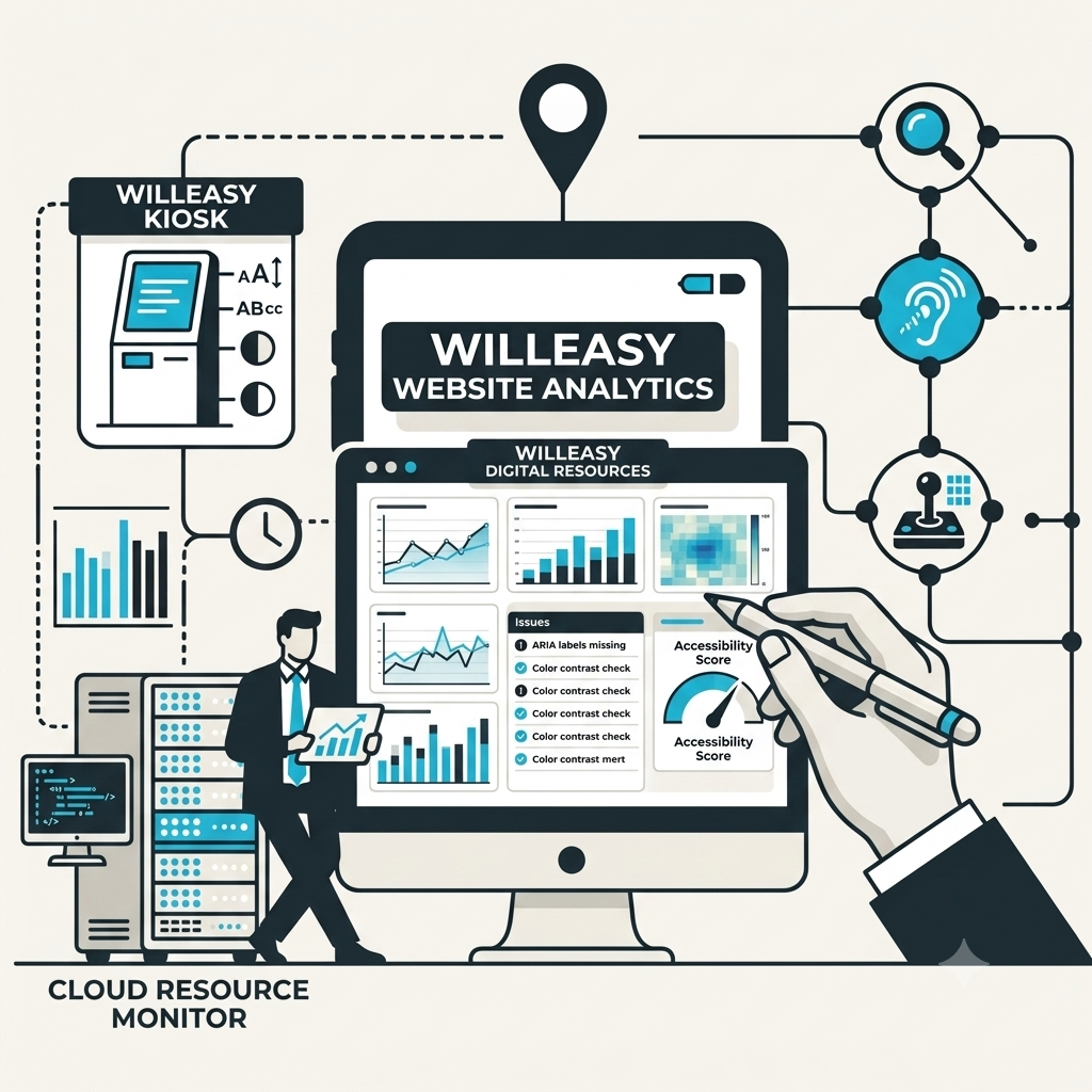Infografica in stile grafico moderno con palette di colori bianco, nero e azzurro, focalizzata sull'accessibilità digitale di Willeasy. Al centro, un grande monitor mostra una dashboard intitolata "Willeasy Digital Resources" con grafici di analisi, un indicatore del punteggio di accessibilità ("Accessibility Score") e una lista di controllo con voci come "ARIA labels" e "Color contrast check". Una mano in primo piano indica lo schermo con una penna digitale. Sulla sinistra, un uomo in abito scuro osserva un tablet accanto a un server ("Cloud Resource Monitor") e a un totem digitale ("Willeasy Kiosk"). Sulla destra, tre icone circolari azzurre collegano concetti visivi, uditivi e motori legati all'inclusività.
