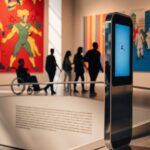 Interno di una galleria museale moderna dedicata al fumetto, con pannelli illustrati colorati alle pareti. In primo piano un totem informativo touch screen con luce azzurra, posizionato accanto a una rampa ampia e priva di gradini che collega due sale. Sullo sfondo, leggermente sfocata, una didascalia tradizionale con testo fitto e poco leggibile. Sagome sfocate e non riconoscibili di alcune persone in visita, tra cui una su sedia a rotelle e una con bastone bianco.