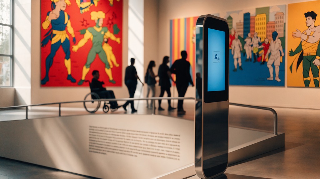 Interno di una galleria museale moderna dedicata al fumetto, con pannelli illustrati colorati alle pareti. In primo piano un totem informativo touch screen con luce azzurra, posizionato accanto a una rampa ampia e priva di gradini che collega due sale. Sullo sfondo, leggermente sfocata, una didascalia tradizionale con testo fitto e poco leggibile. Sagome sfocate e non riconoscibili di alcune persone in visita, tra cui una su sedia a rotelle e una con bastone bianco.