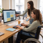 Ufficio luminoso con grandi finestre e pavimento in legno. Al centro una donna di circa quarant'anni, seduta su una sedia a rotelle, usa la tastiera davanti a un grande monitor che mostra il layout di una pagina web a blocchi azzurri e gialli. Accanto a lei, in piedi, una collega pi&ugrave; giovane indica lo schermo con una mano e tiene uno smartphone nell'altra. Sulla scrivania ci sono un taccuino azzurro e una tazza gialla. In primo piano, a sinistra, un portatile aperto sulla scrivania; sullo sfondo un uomo con le cuffie sorride davanti al suo computer.