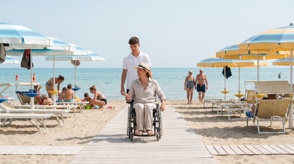 Uno stabilimento balneare italiano in una mattina di sole. Una passerella di legno chiaro attraversa la sabbia dall'ingresso fino al mare. Sulla passerella una donna di circa quarant'anni, con un cappello di paglia e un completo di lino chiaro, avanza sulla sua sedia a rotelle verso la riva. Sorride mentre parla con un giovane addetto dello stabilimento in polo bianca, che cammina accanto a lei. Ai lati ci sono file di ombrelloni a strisce azzurre e gialle e lettini bianchi. A sinistra una famiglia con bambini gioca sulla sabbia, a destra una coppia di persone anziane passeggia verso la battigia. Sullo sfondo il mare calmo e turchese.