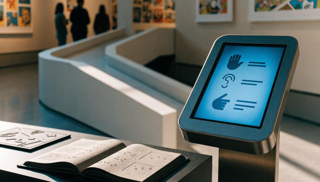 totem informativo con icone di lingua dei segni/audio/testo semplice e libro in Braille in primo piano, rampa sullo sfondo sfocata.