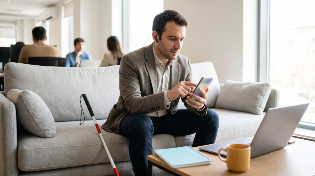 Un uomo di circa trent'anni, cieco, seduto su un divano chiaro nella zona relax di un ufficio luminoso, usa uno smartphone con il lettore di schermo: tiene il telefono con una mano e tocca lo schermo con l'indice dell'altra, con un auricolare nell'orecchio. Accanto a lui, appoggiato al divano, c'&egrave; un bastone bianco e rosso. Sul tavolino davanti a lui ci sono un portatile aperto, un taccuino azzurro e una tazza gialla; sullo sfondo alcuni colleghi lavorano alle loro scrivanie.