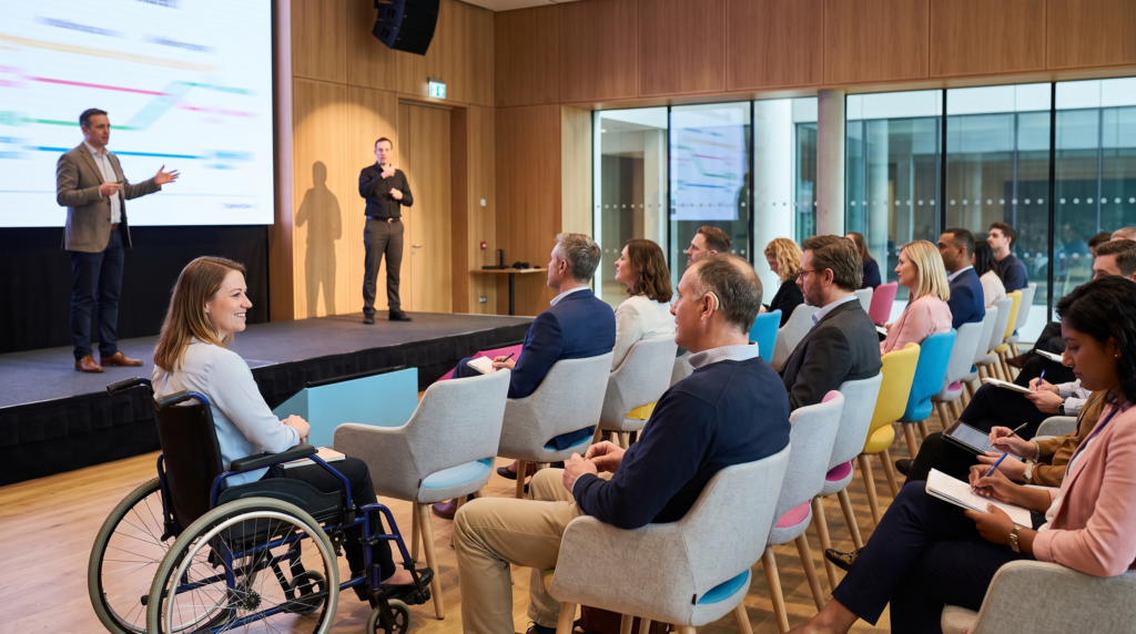 Sala conferenze luminosa con pareti in legno durante un evento aziendale. Sul palco un relatore con la giacca presenta davanti a un grande schermo con grafici colorati; accanto a lui un interprete della lingua dei segni, vestito di scuro, è ben visibile. In primo piano, a sinistra, una donna in sedia a rotelle segue l'intervento sorridendo. Il pubblico, composto da persone di età diverse sedute su poltroncine grigie con dettagli azzurri, gialli e rosa, prende appunti su taccuini e tablet.