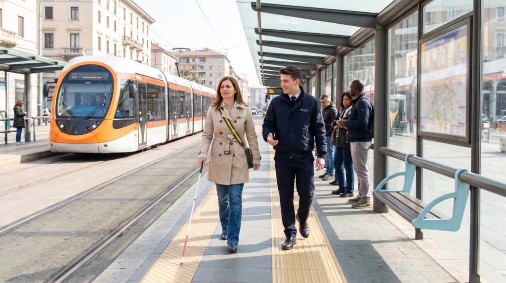 una donna cieca con il bastone cammina sulla striscia tattile di una fermata del tram, accanto a un addetto che parla con lei.